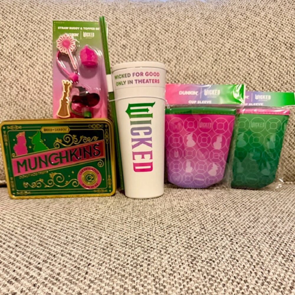 Dunkin x Wicked for Good Tumbler, Straw Buddy & Toppers, Cup Sleeves, & Tin Set